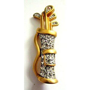 Vintage D'Orlan Paris Gold Plate Rhinestone Golf Club & Bag Brooch Pin - Estate